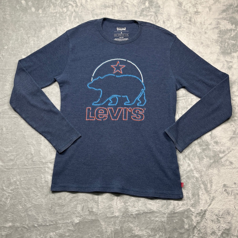 Levis Thermal Shirt Mens Medium Blue California Bear Waffle Knit Long Sleeve